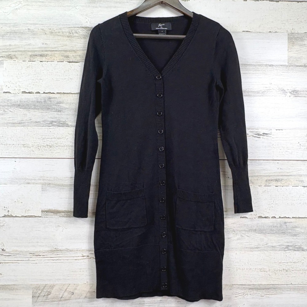 Lennie for Nina Leonard Black Cardigan V-Neck Button Sweater Dress Size S